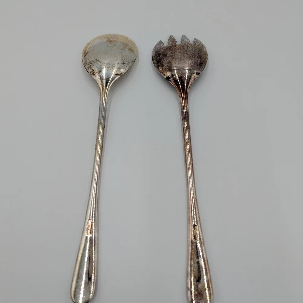 Vintage Made In Italy Silver Plated Spoon & Fork Salad Serving Set Collectible